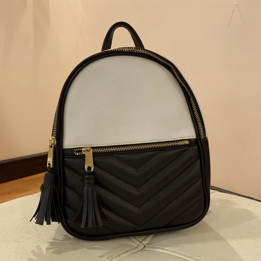 Small Backpack. Colors are black and white. Brand is Claire’s. Leather bag